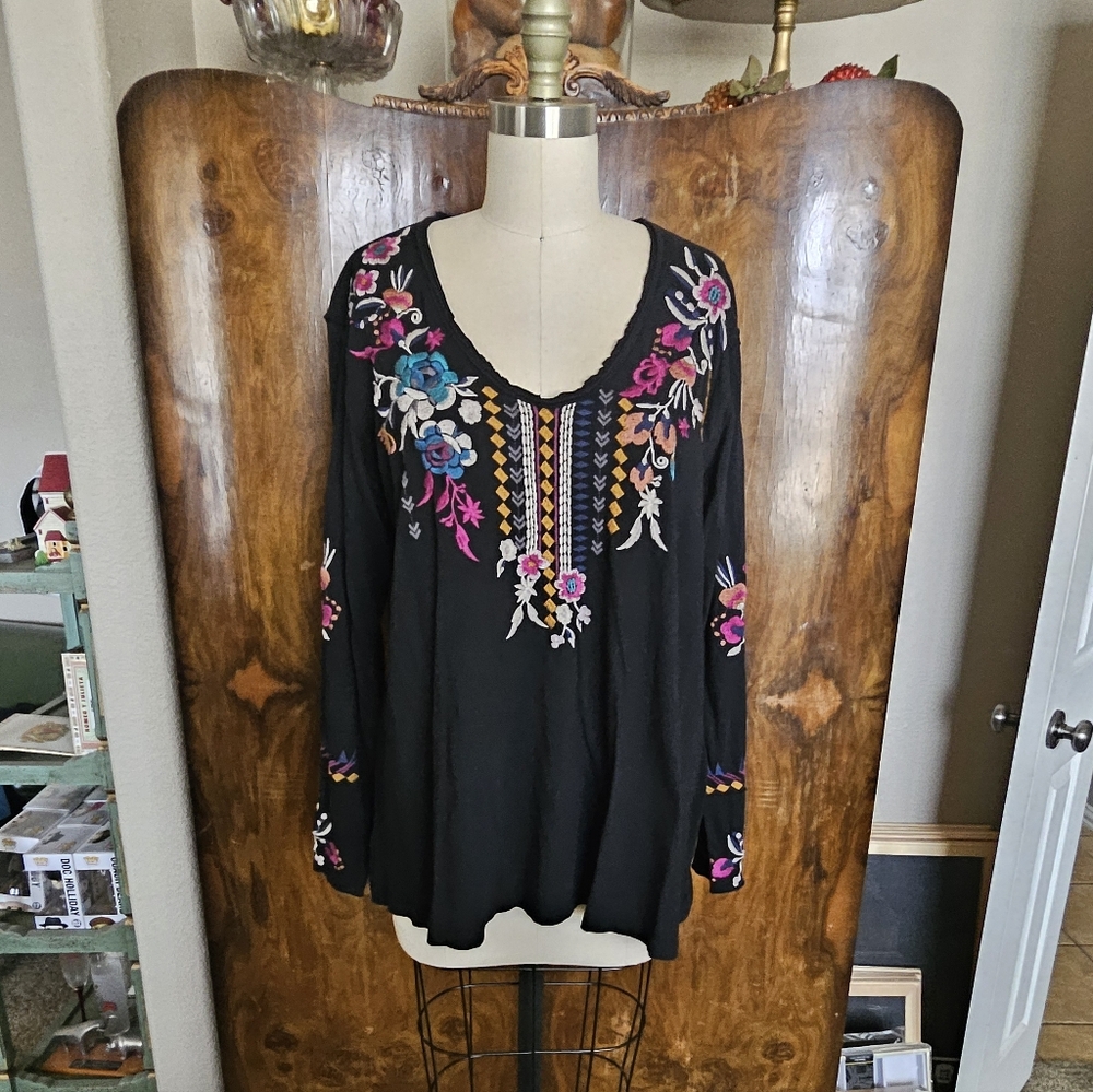 Johnny Was Black Long Sleeve with Floral Embroidery